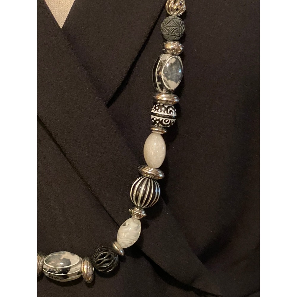 Chicos Black White Silver Beaded Statement Necklace 22 Inch Long Cord Eclectic - Picture 4 of 11